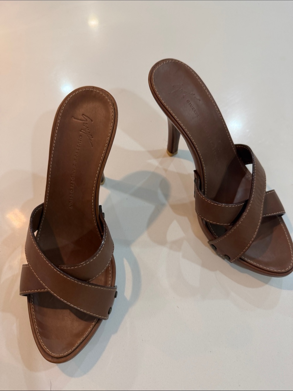 Giuseppe Zanotti Brown Leather Crisscross High Heel Slide - Picture 3 of 15